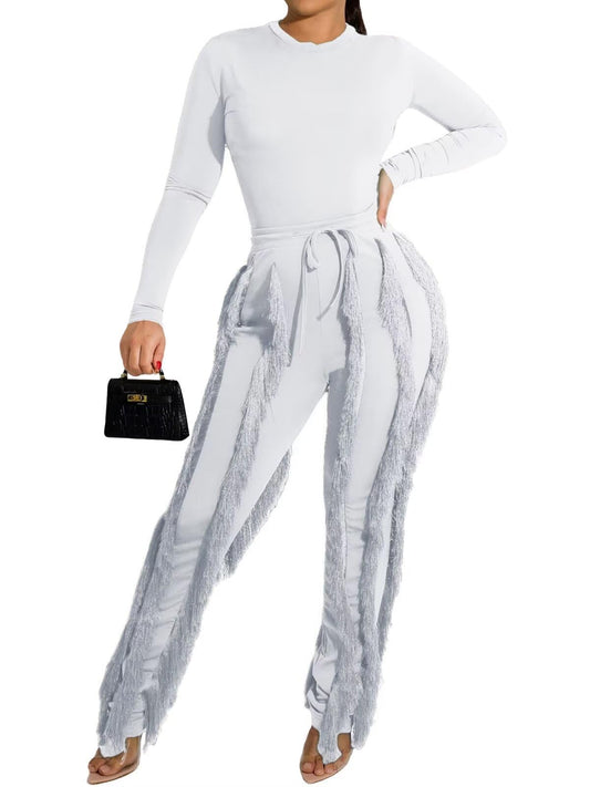 EDITCOZY Women Sexy Two Piece Outfits Fringe Pants Set Long Sleeve Club 2 Piece Sets Going Out Birthday Party Night White 2XL