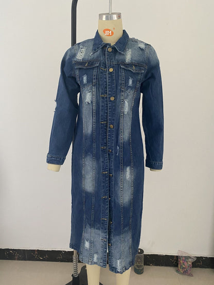 Women's Blue Ripped Denim Jacket - Loose Fit, Long Sleeve