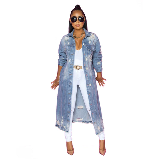 Women's Blue Ripped Denim Jacket - Loose Fit, Long Sleeve