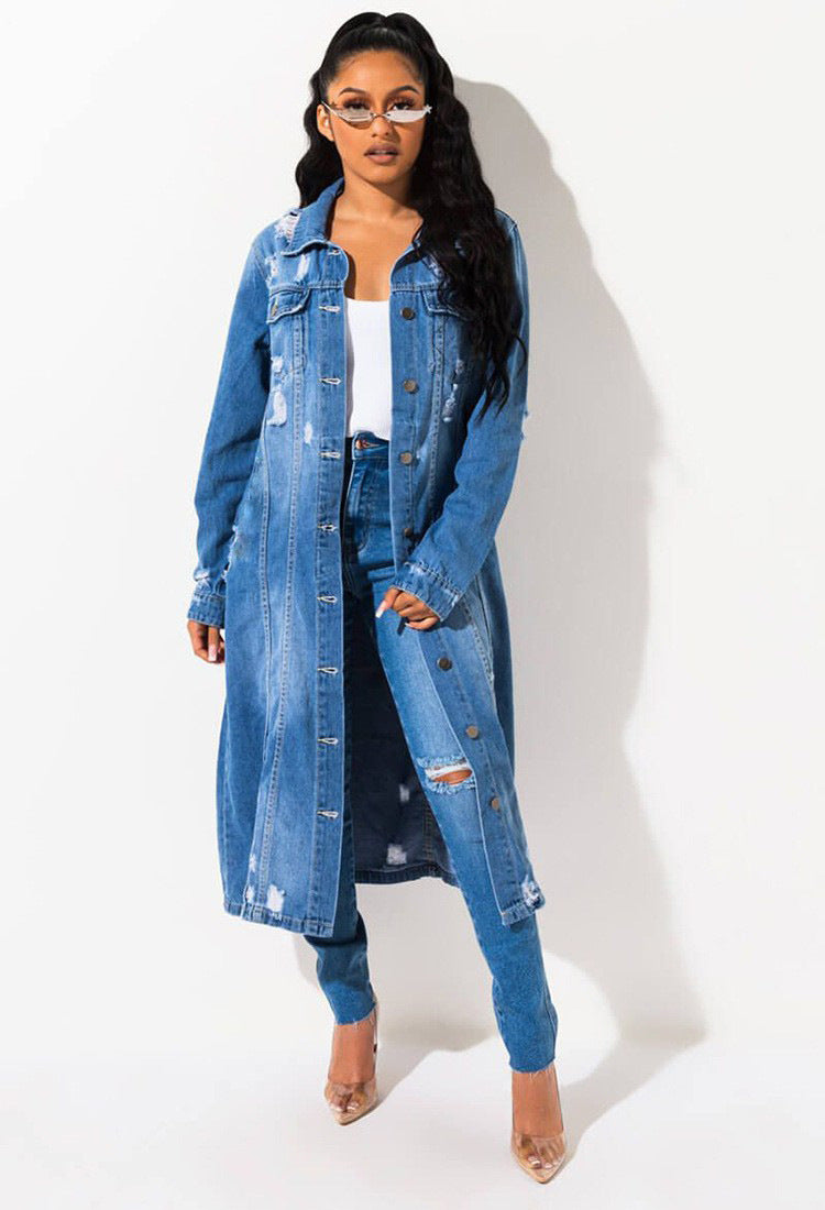 Women's Blue Ripped Denim Jacket - Loose Fit, Long Sleeve