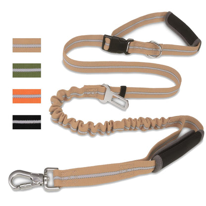 PUPTECK Heavy Duty Bungee Dog Leash for Medium Large Dogs No Pull Tactical Dog Leashes with Double Handles for Training Reflective Dog Leash with Car Seatbelt and Quick Release Buckle Moccasin