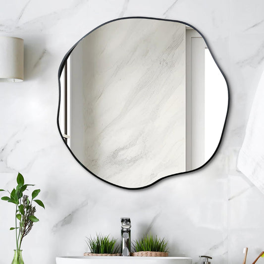 POZINO Irregular Mirror 25" Asymmetrical Mirror Black Waved Decorative Round Mirror Modern Scalloped Round Mirror Unique Shaped Mirror for Bathroom Living Room Bedroom Entryway Fireplace
