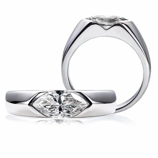 CivetCat 10x5mm Oval Marquise Cut Moissanite Engagement Ring for Women Platinum Plated Silver Half Bezel Tension Set Solitaire Wedding Band DEF color VVS Moissanite Diamond Anniversary Promise