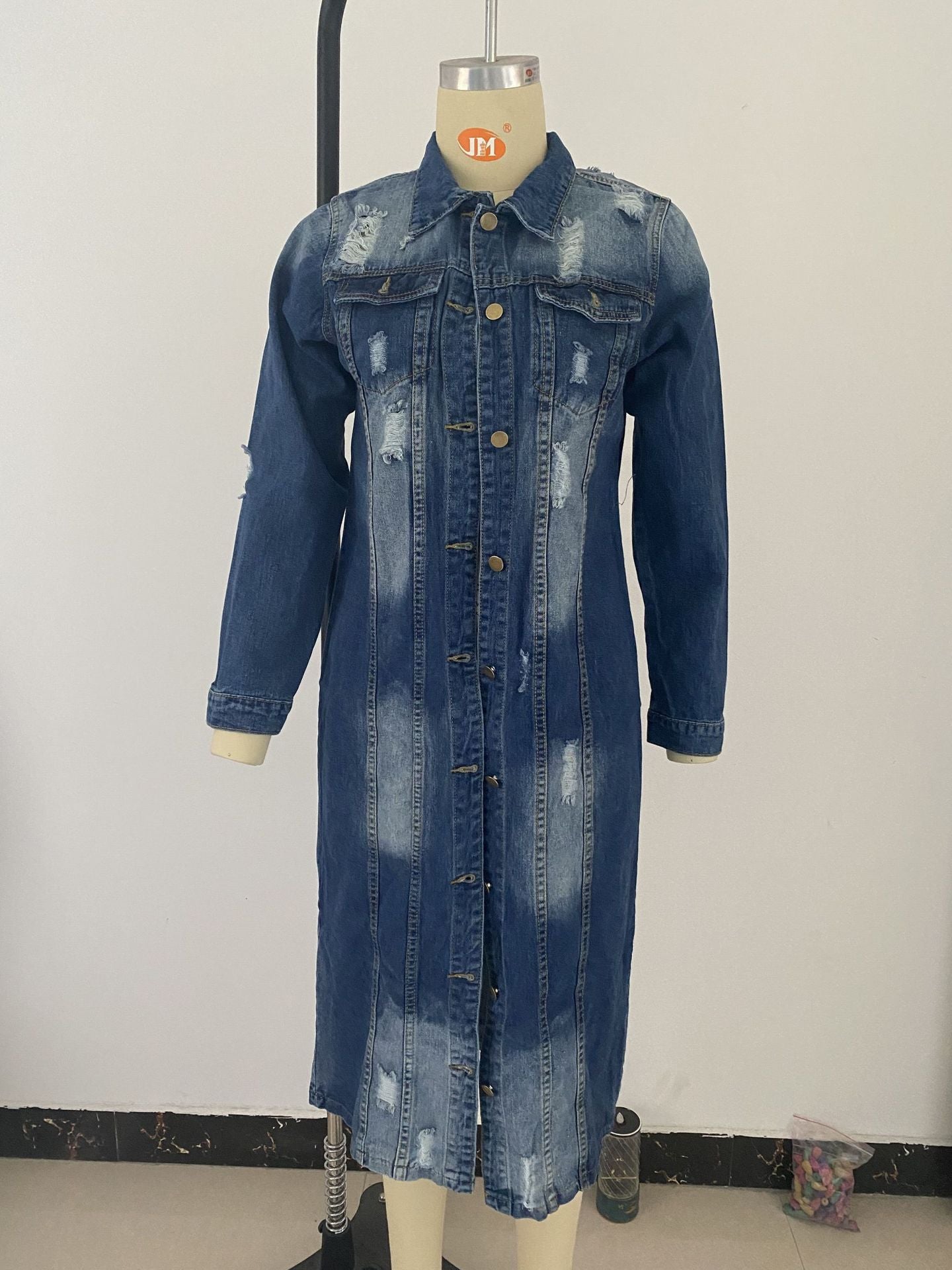 Women's Blue Ripped Denim Jacket - Loose Fit, Long Sleeve